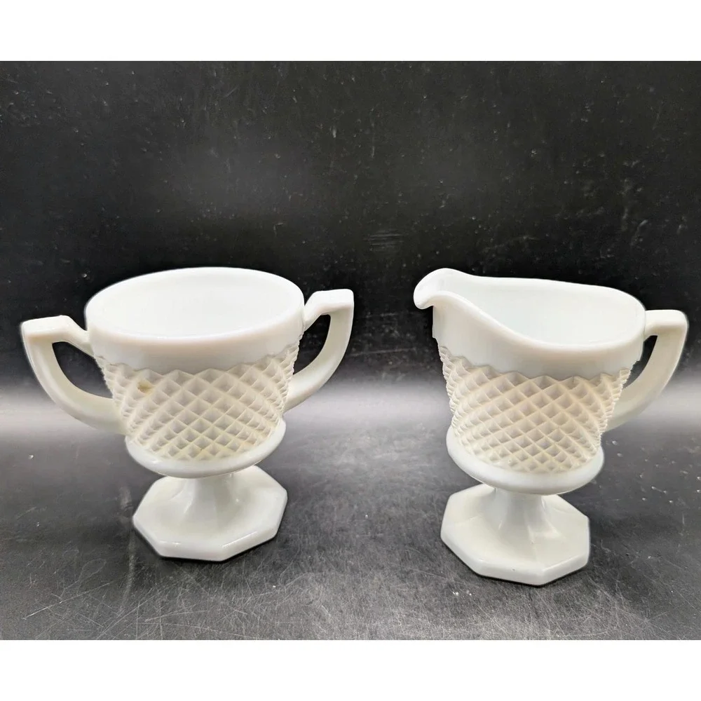Vintage Westmoreland White Milk Glass Creamer and Sugar Bowl Set Diamond Pattern